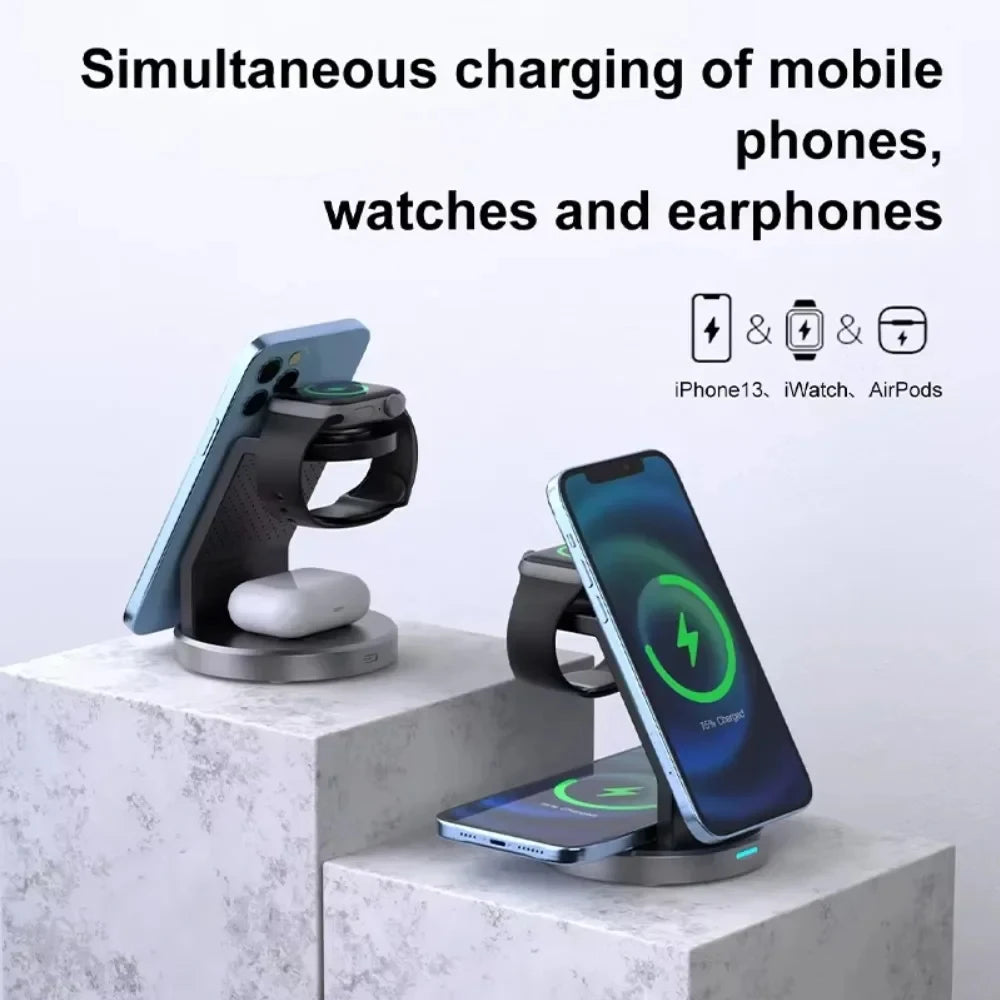 3 in 1 Magnetic Fast Wireless Charger Desktop Charging Station for Magsafe Iphone 16 15 14 13 12 Pro Max Apple Watch Airpods Pro
