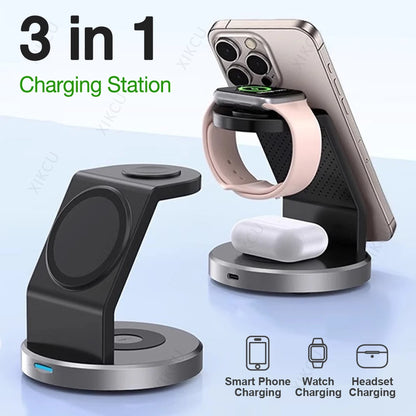 3 in 1 Magnetic Fast Wireless Charger Desktop Charging Station for Magsafe Iphone 16 15 14 13 12 Pro Max Apple Watch Airpods Pro
