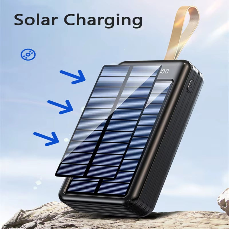 50000Mah Solar Power Bank with Cable Fast Charging Powerbank Portable External Battery Charger for Iphone Xiaomi Samsung Huawei