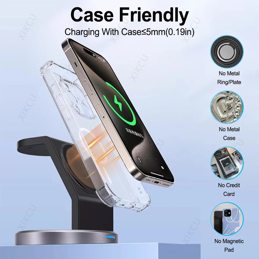 3 in 1 Magnetic Fast Wireless Charger Desktop Charging Station for Magsafe Iphone 16 15 14 13 12 Pro Max Apple Watch Airpods Pro