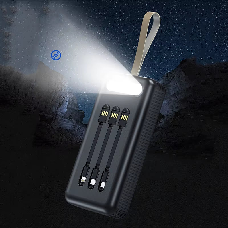 50000Mah Solar Power Bank with Cable Fast Charging Powerbank Portable External Battery Charger for Iphone Xiaomi Samsung Huawei