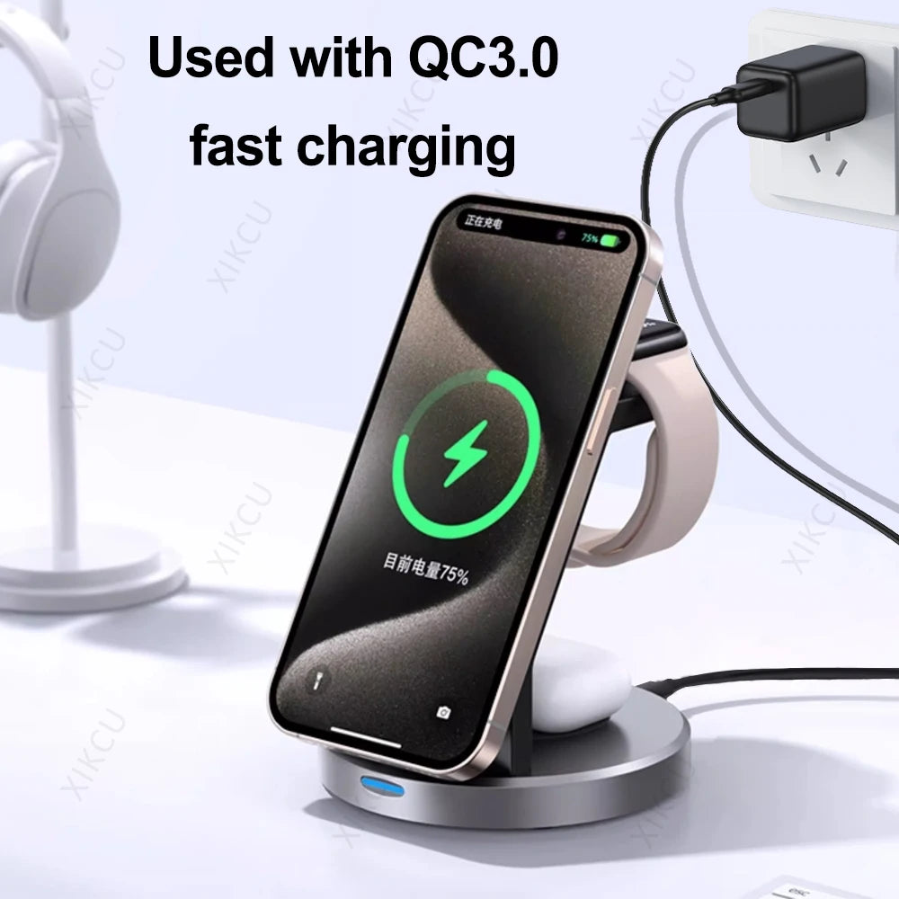 3 in 1 Magnetic Fast Wireless Charger Desktop Charging Station for Magsafe Iphone 16 15 14 13 12 Pro Max Apple Watch Airpods Pro