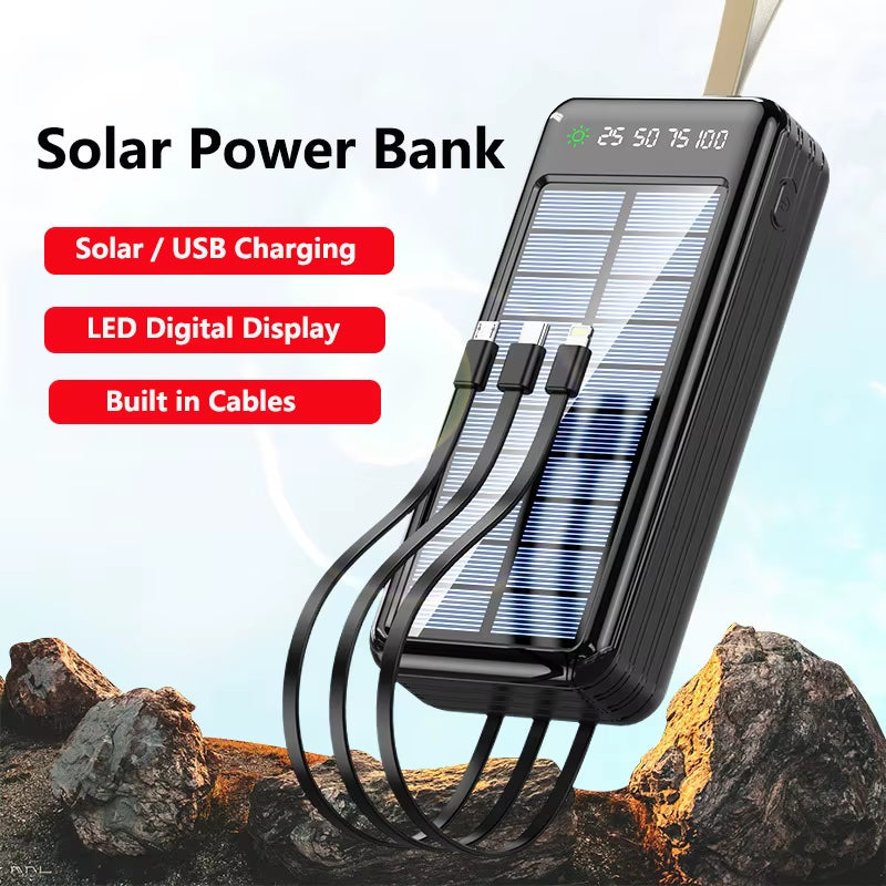 50000Mah Solar Power Bank with Cable Fast Charging Powerbank Portable External Battery Charger for Iphone Xiaomi Samsung Huawei