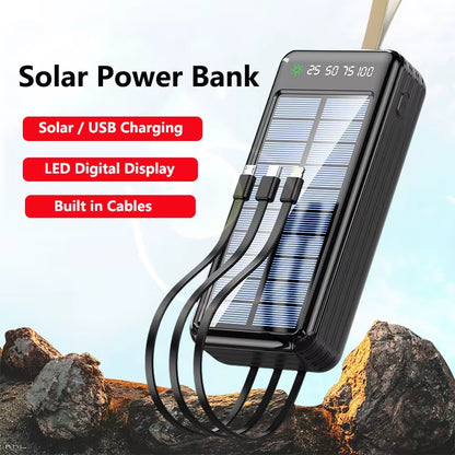 50000Mah Solar Power Bank with Cable Fast Charging Powerbank Portable External Battery Charger for Iphone Xiaomi Samsung Huawei