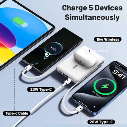 Magnetic 10000Mah Power Bank with Dual Built - in Fast Charging Cables, Compatible with Apple & Android, 5 - Device Simultaneous