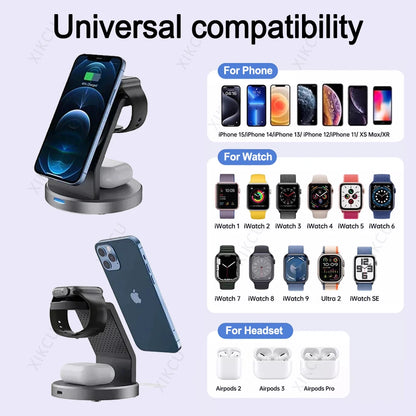 3 in 1 Magnetic Fast Wireless Charger Desktop Charging Station for Magsafe Iphone 16 15 14 13 12 Pro Max Apple Watch Airpods Pro