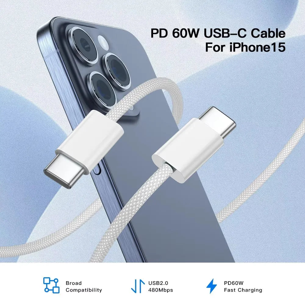 PD 60W Dual USB-C Fast Charging Braided Cable for Iphone 15 16 Pro Max 15 16 plus Type C to Type C Quick Charger Cable with Box