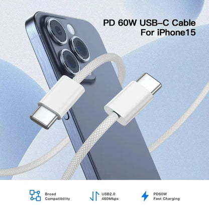 PD 60W Dual USB-C Fast Charging Braided Cable for Iphone 15 16 Pro Max 15 16 plus Type C to Type C Quick Charger Cable with Box
