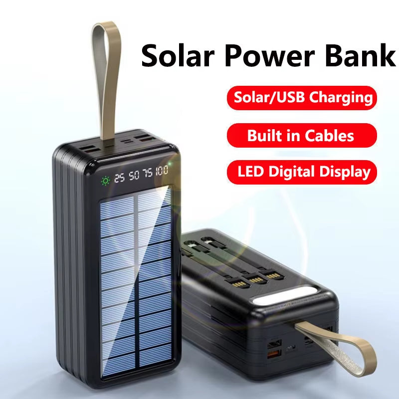 50000Mah Solar Power Bank with Cable Fast Charging Powerbank Portable External Battery Charger for Iphone Xiaomi Samsung Huawei